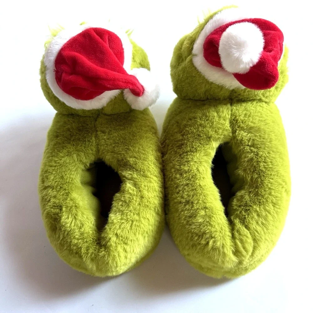 Dr Seuss Grinch Santa Plush Slipper Slip On Shoe Unisex Kids US M 11 12 Xmas Pom